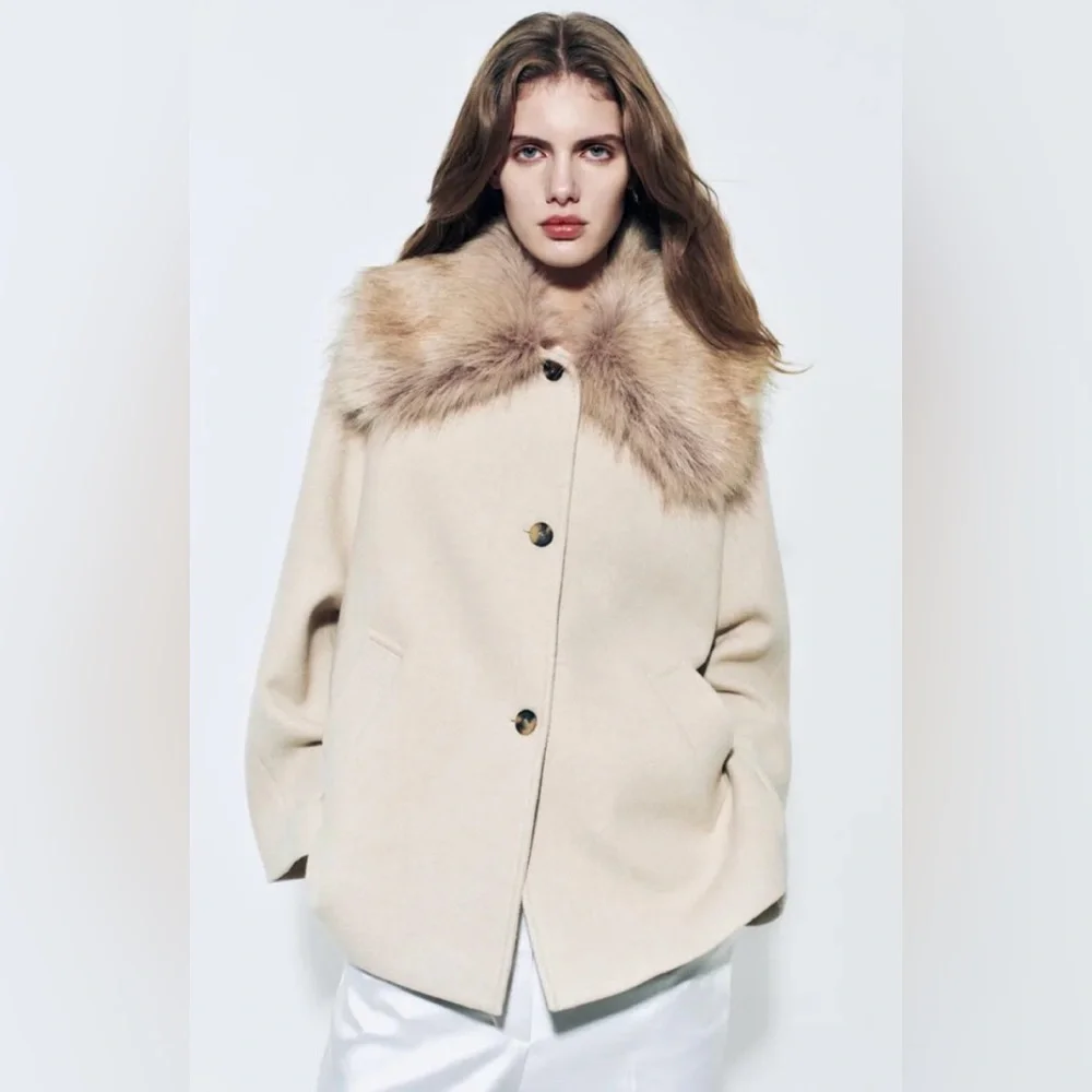 New Zara Manteco Wool Blend Coat Woman Beige Detachable Faux Fur Collar - Picture 2 of 4
